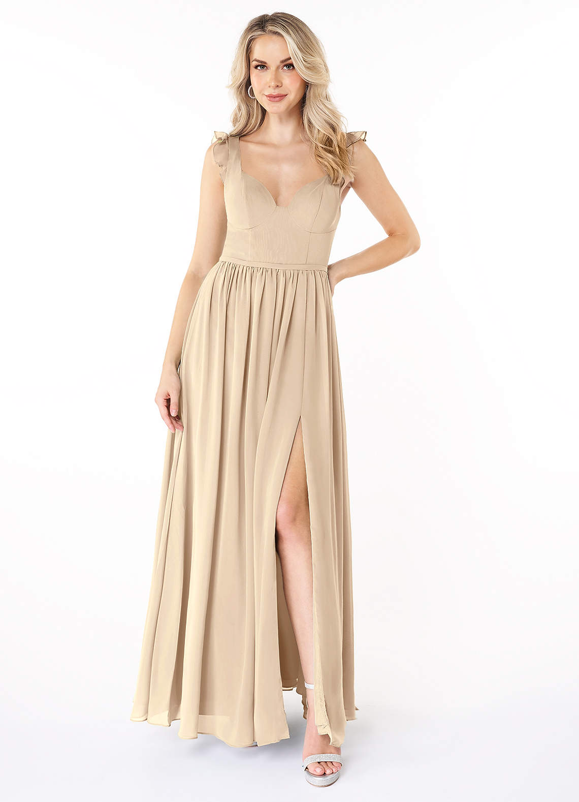 Azazie Stassie Abiti da Damigella Abito A-Line in Chiffon Increspato con Scollo a Cuore Champagne image1