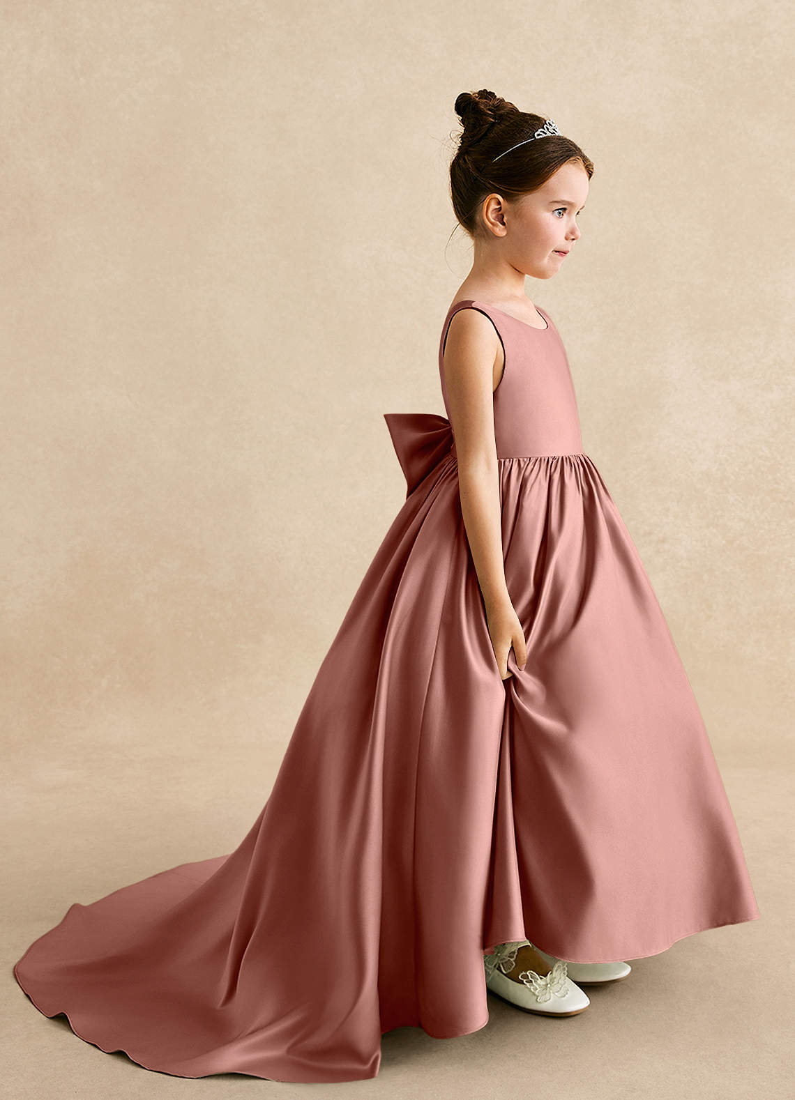 Azazie Mimia Flower Girl Dresses Cedar Rose A-Line Bow Matte Satin Dress image1