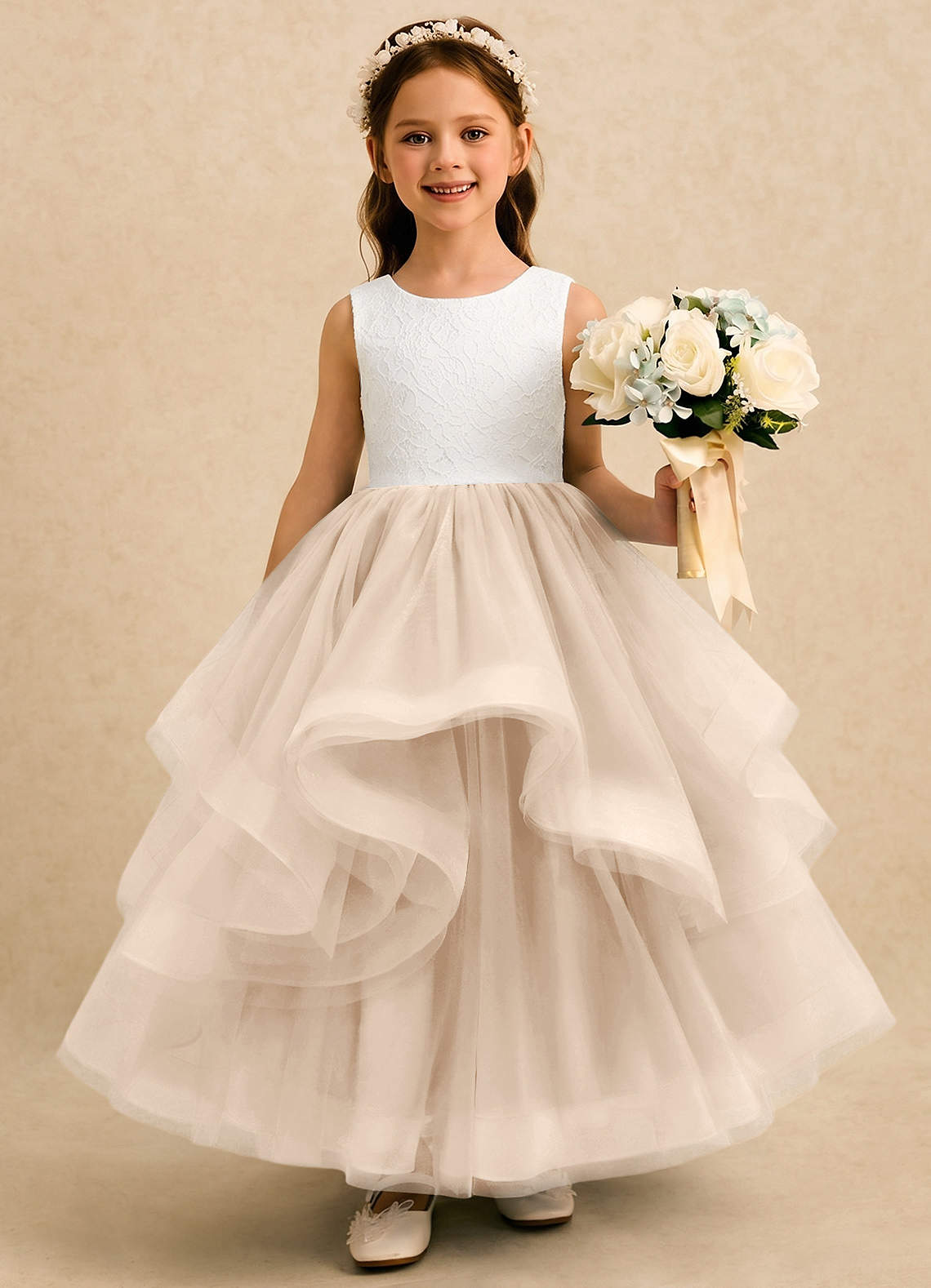ivory lace childrens dresses Azazie Ball-Gown Scoop Neck Ankle-Length Tulle Flower Girl White Shirt