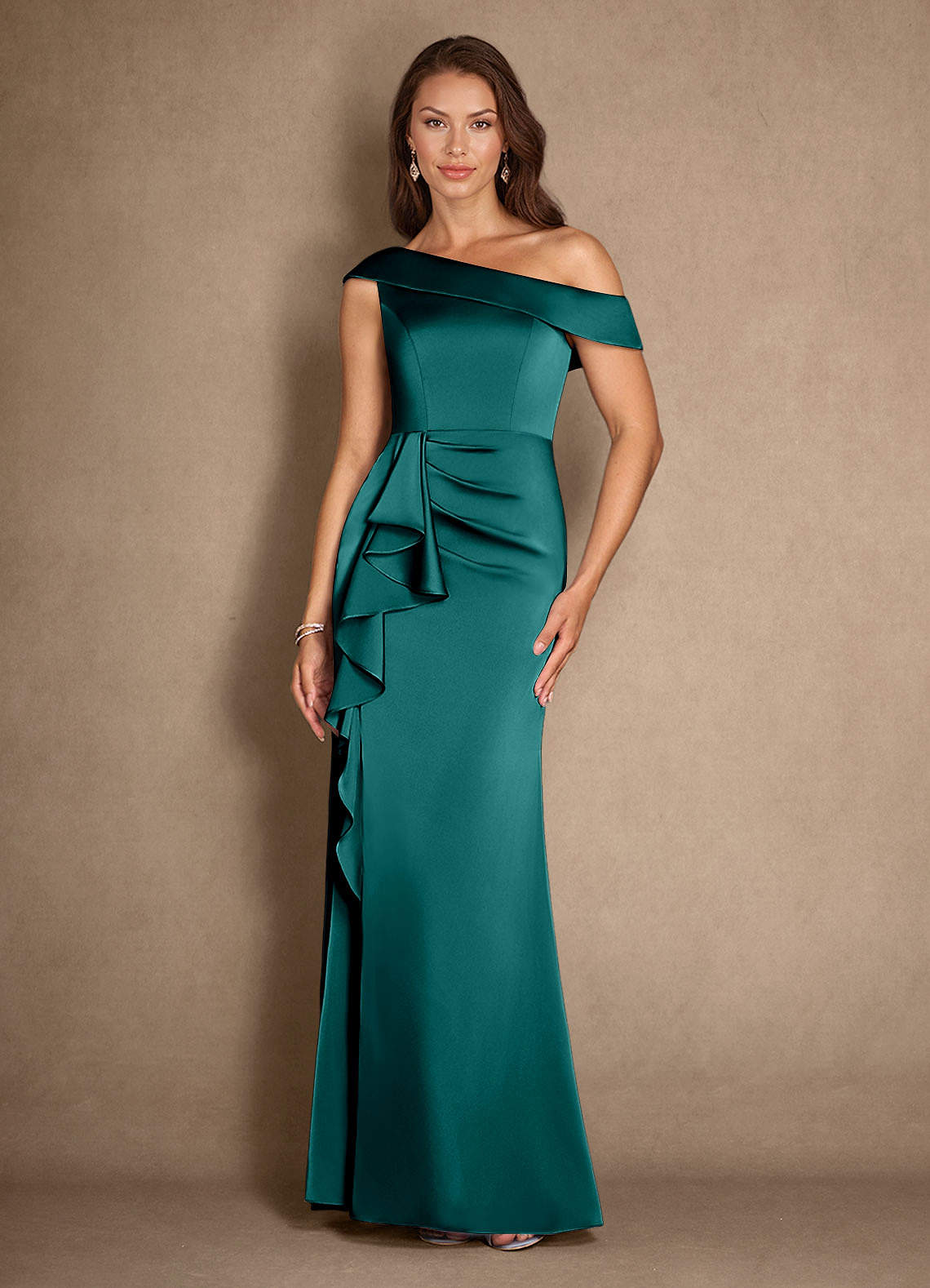 Azazie Hamptons Mother of the Bride Dresses Peacock A-Line Pleated Stretch Satin Dress image1