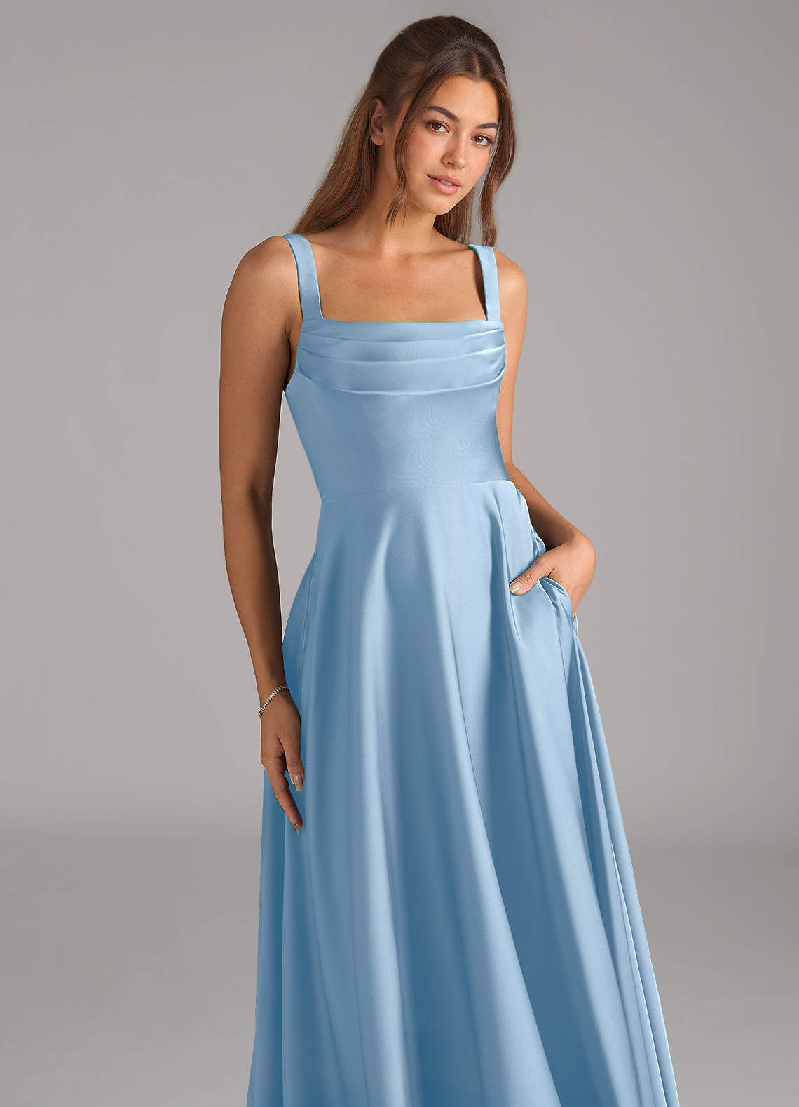 Azazie Shaude Bridesmaid Dresses Powder Blue A-Line Pleated Stretch Satin Dress image1