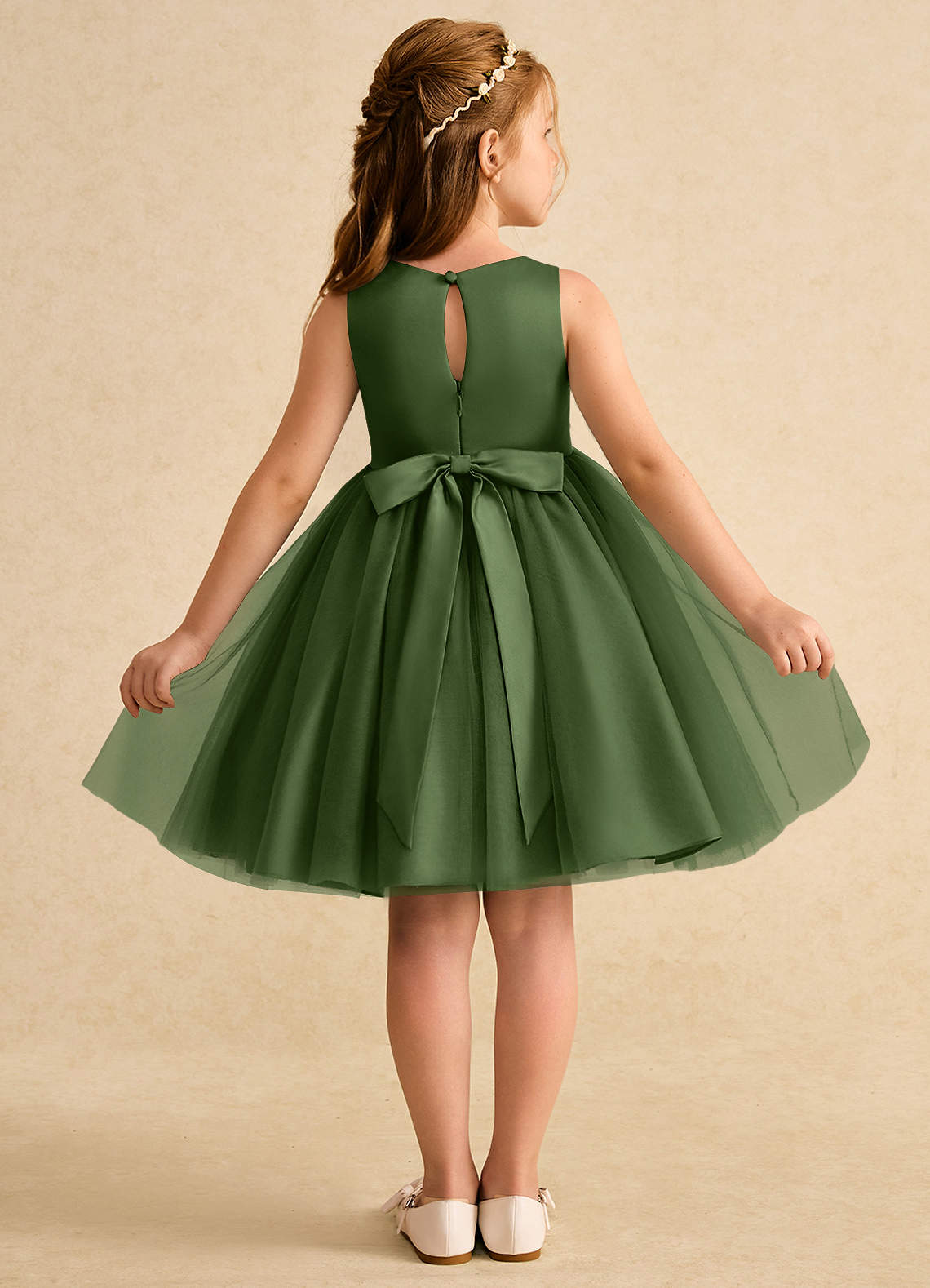 Azazie Prima Flower Girl Dresses Olive A-Line Bow Tulle Dress image1