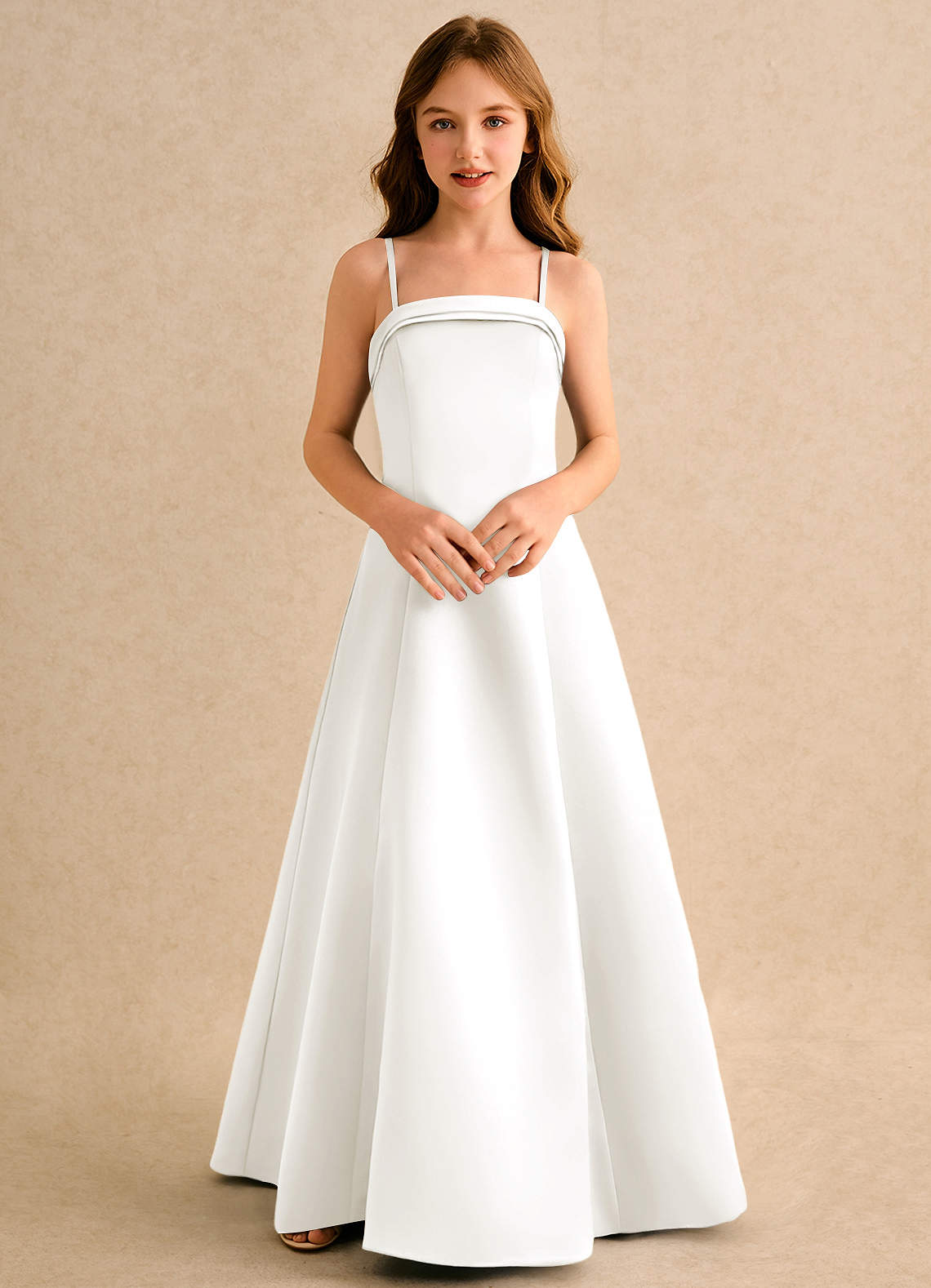 Azazie Izel Girls Formal Blomsterpigekjoler A-Line Plisseret Mat satin Gulv-længde Kjole image5