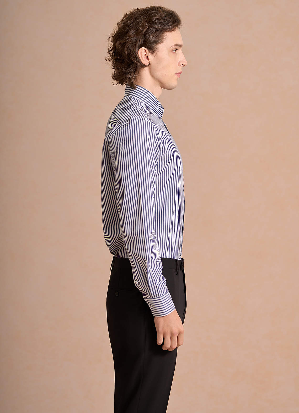 front Aiden White Navy Blue 100% Cotton Non-Iron Striped Dress Shirt