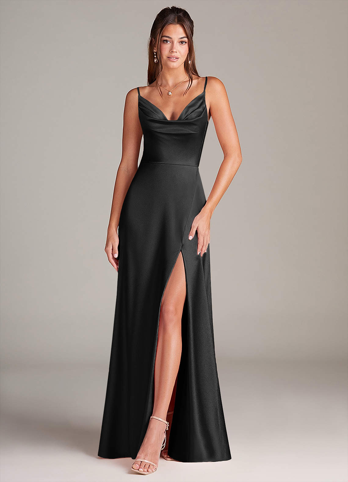 Azazie Sarella Bridesmaid Dresses Black A-Line with Pockets Metallic Satin Dress image1