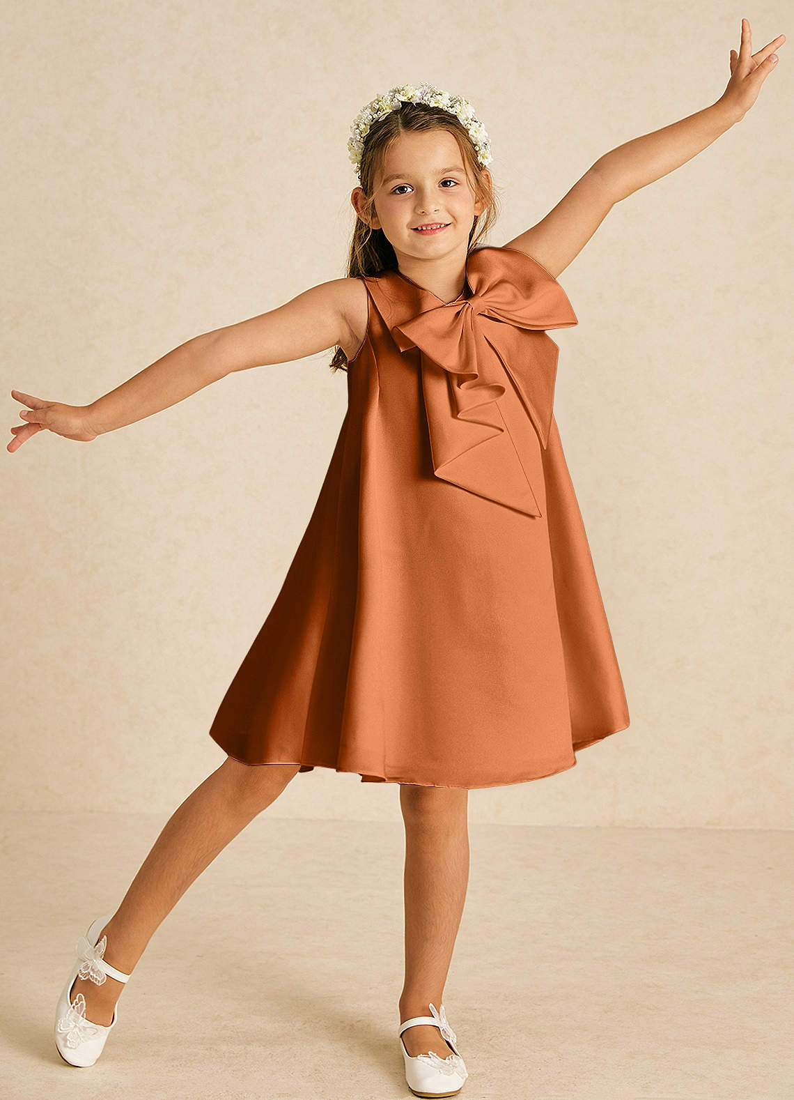 Azazie Zoey Flower Girl Dresses Copper A-Line Bow Matte Satin Dress image1