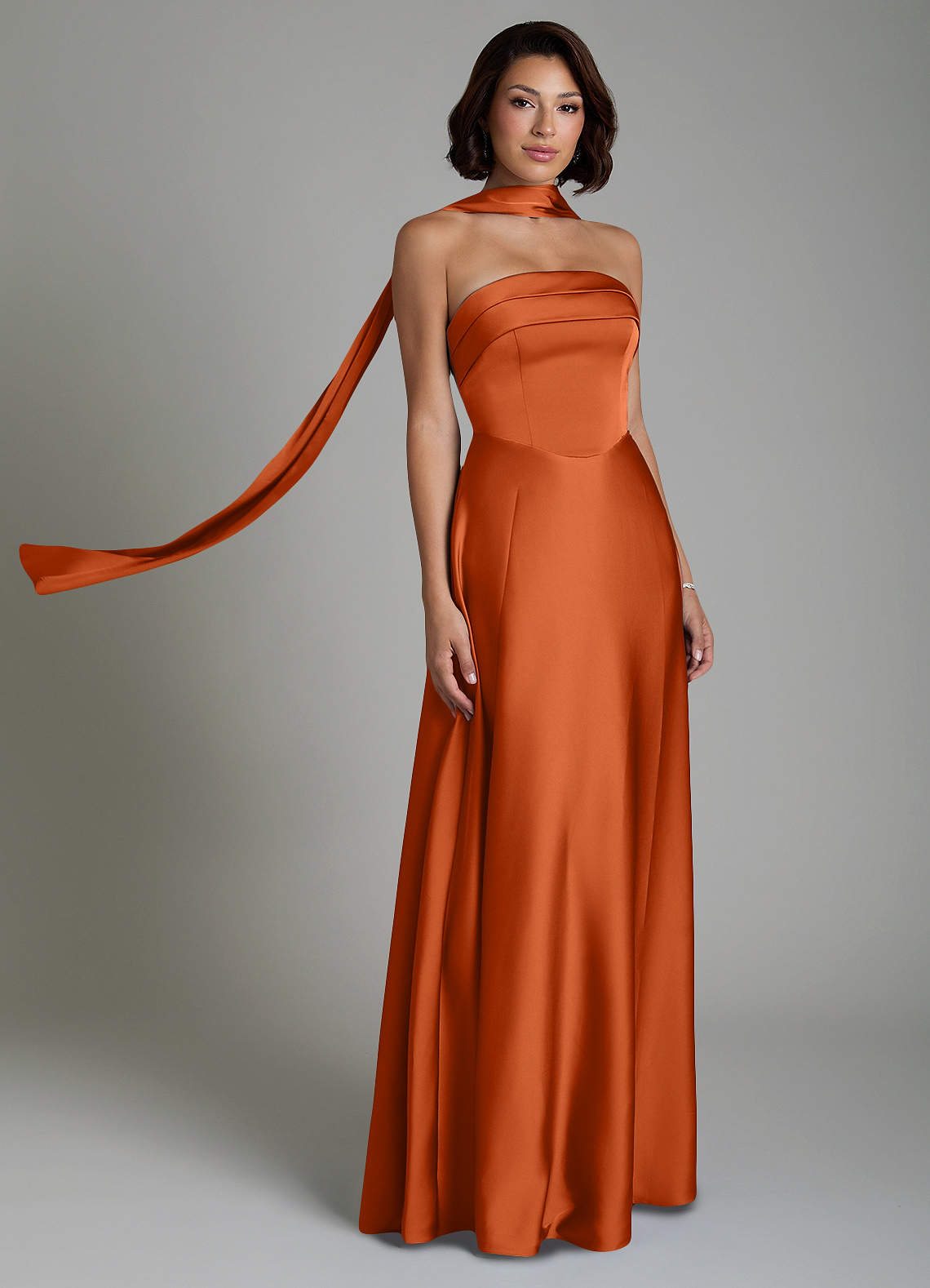 orange strapless dress formal Azazie Odele Burnt Stretch Satin Bridesmaid Dresses Sheath Wedding Dresses