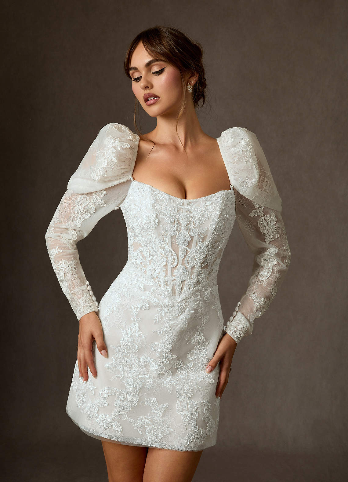 Azazie Winter Wedding Dresses Diamond White A-Line Strapless Lace Dress image3