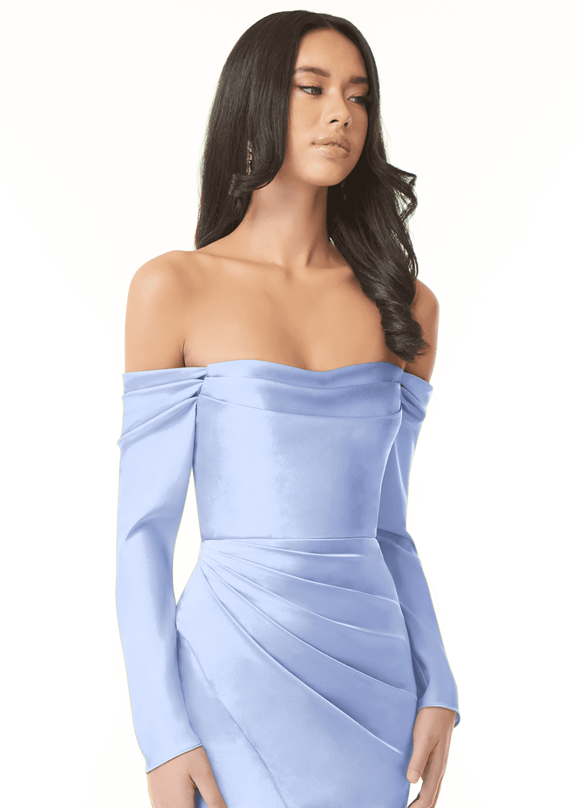 Azazie Hallie Bridesmaid Dresses Ice Sheath Off-The-Shoulder Long Sleeve Stretch Satin Convertible Dress image1