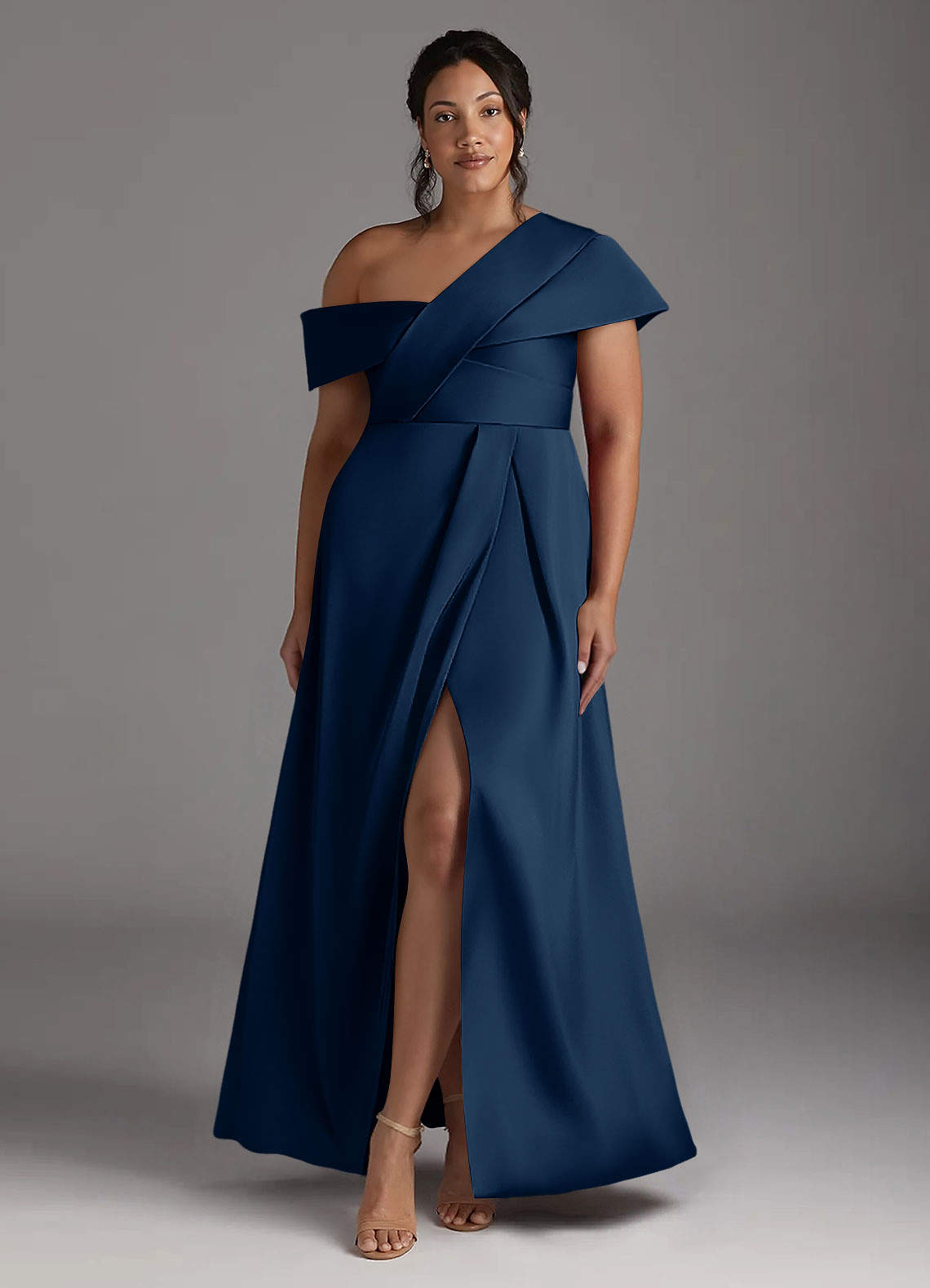 Azazie Milton Mother of the Bride Dresses Dark Navy A-Line Pleated Stretch Satin Dress image8