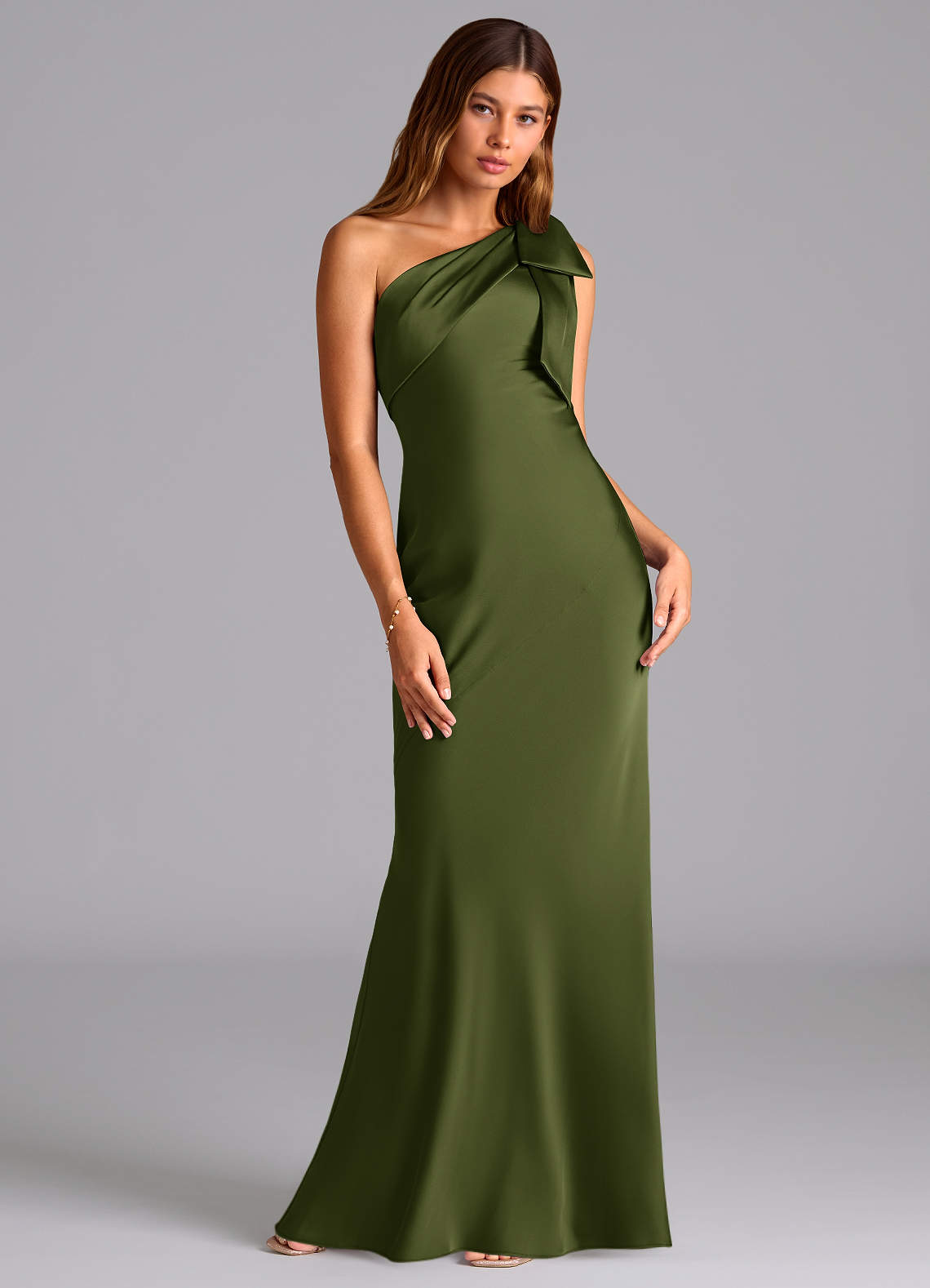 Azazie Yuanna Bridesmaid Dresses Olive Mermaid One Shoulder Stretch Satin Dress image2