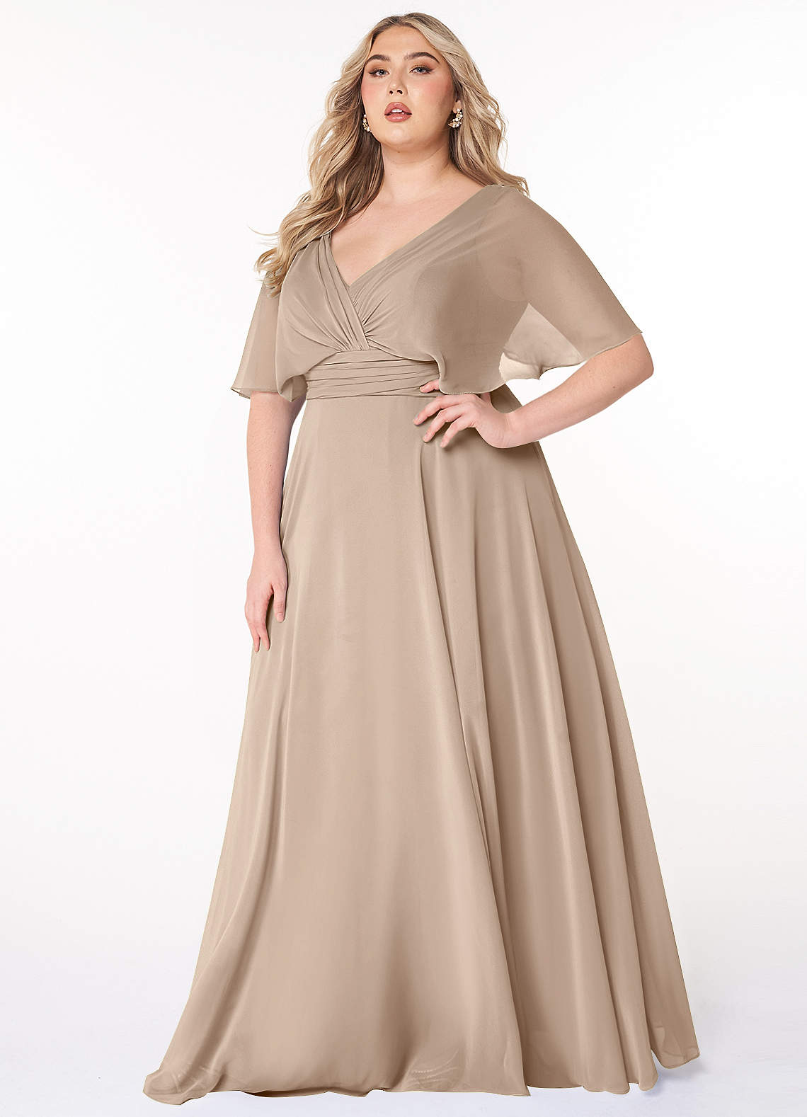 Azazie Pamela Brautjungfernkleider A-Linie V-Hals Gefaltet Chiffon Kleid Taupe image1