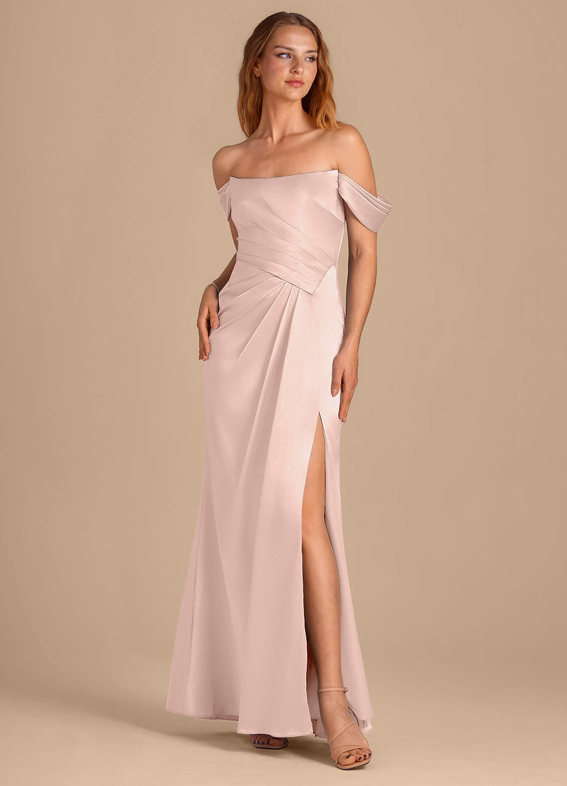 Azazie Shea Bridesmaid Dresses Blushing Pink Mermaid Off the Shoulder Metallic Satin Convertible Dress image1