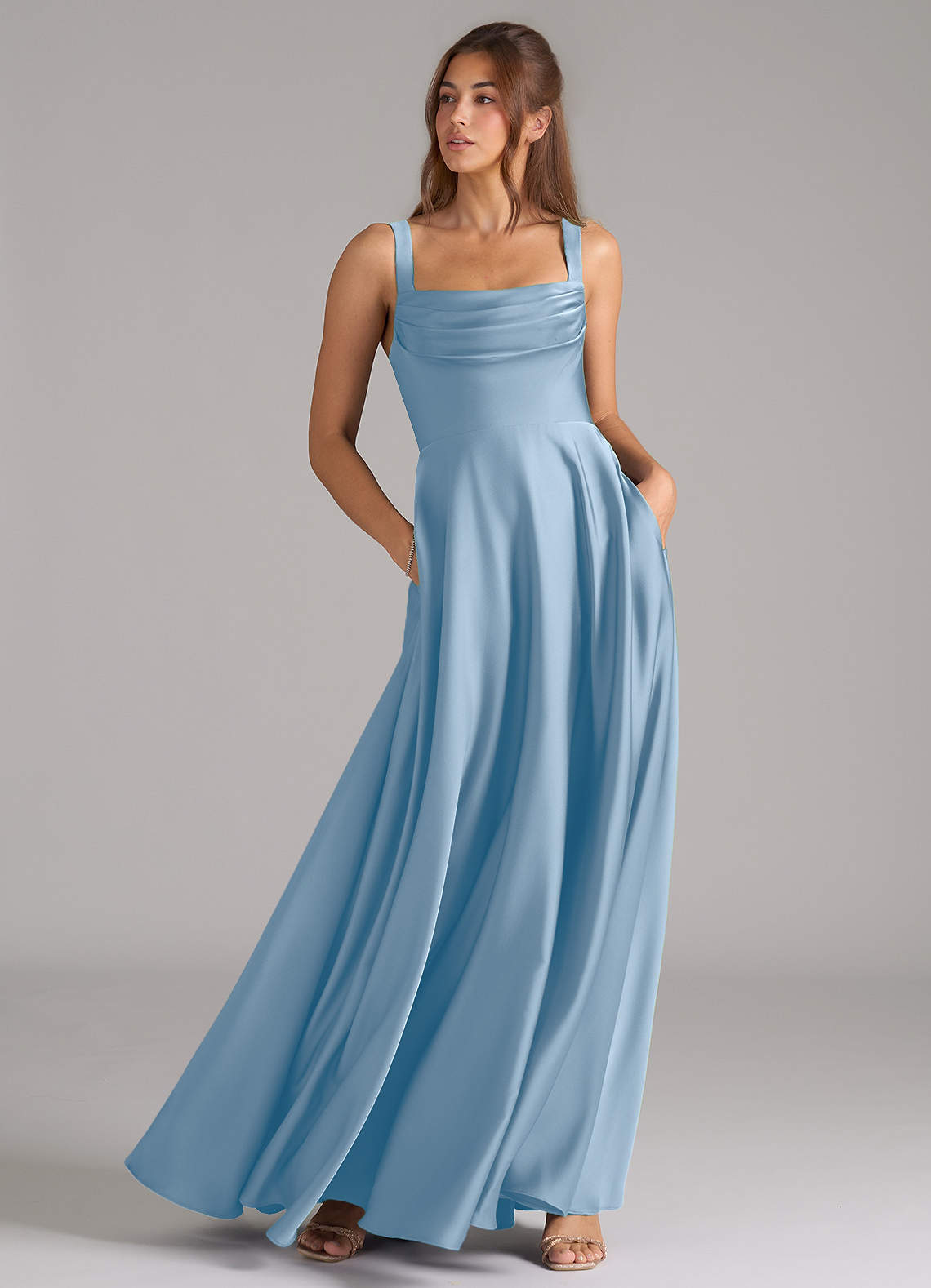 Azazie Shaude Bridesmaid Dresses Powder Blue A-Line Pleated Stretch Satin Dress image2