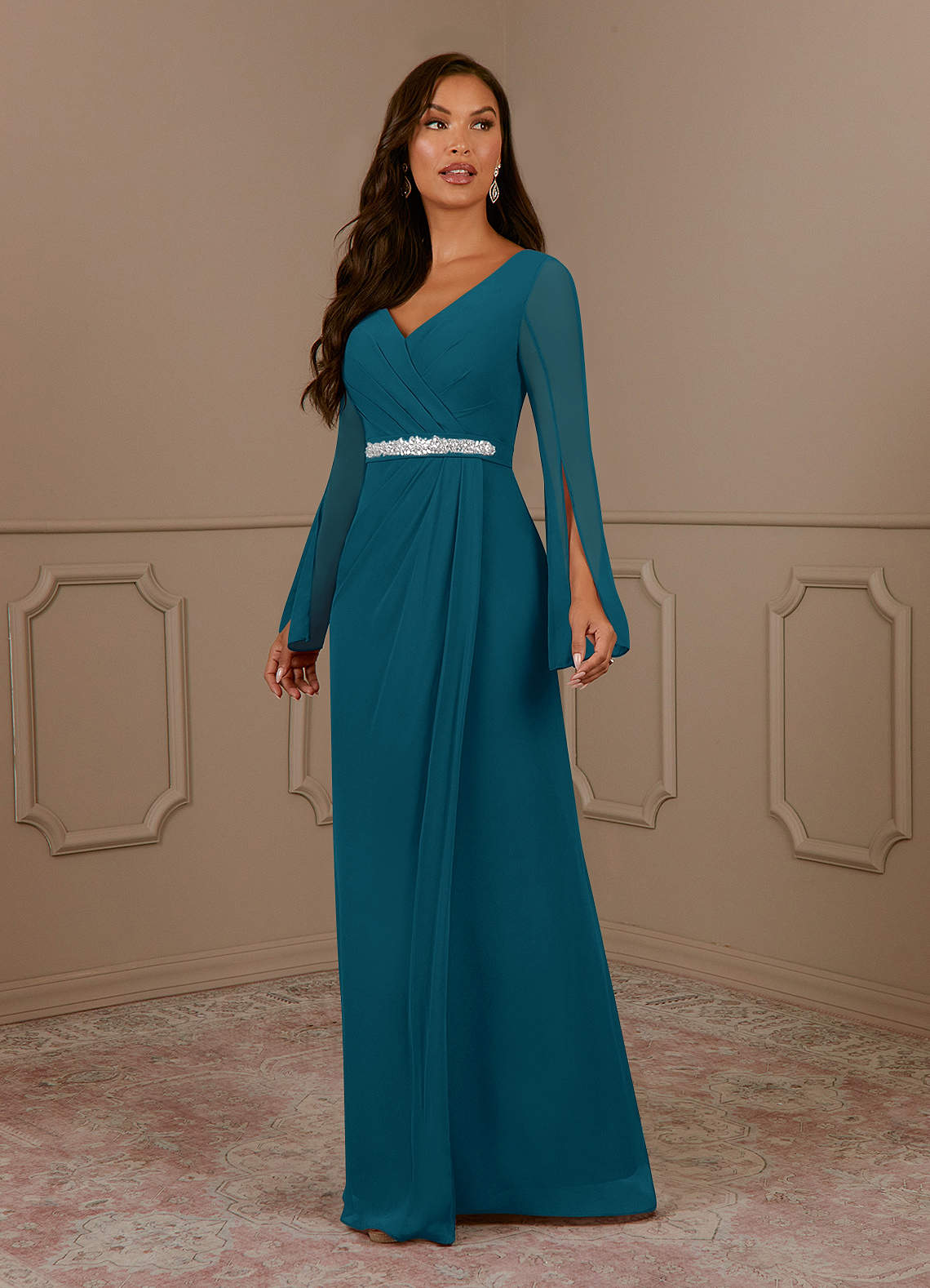 Azazie Belinda Mother of the Bride Dresses Ink Blue A-Line V-Neck Pleated Chiffon Dress image1