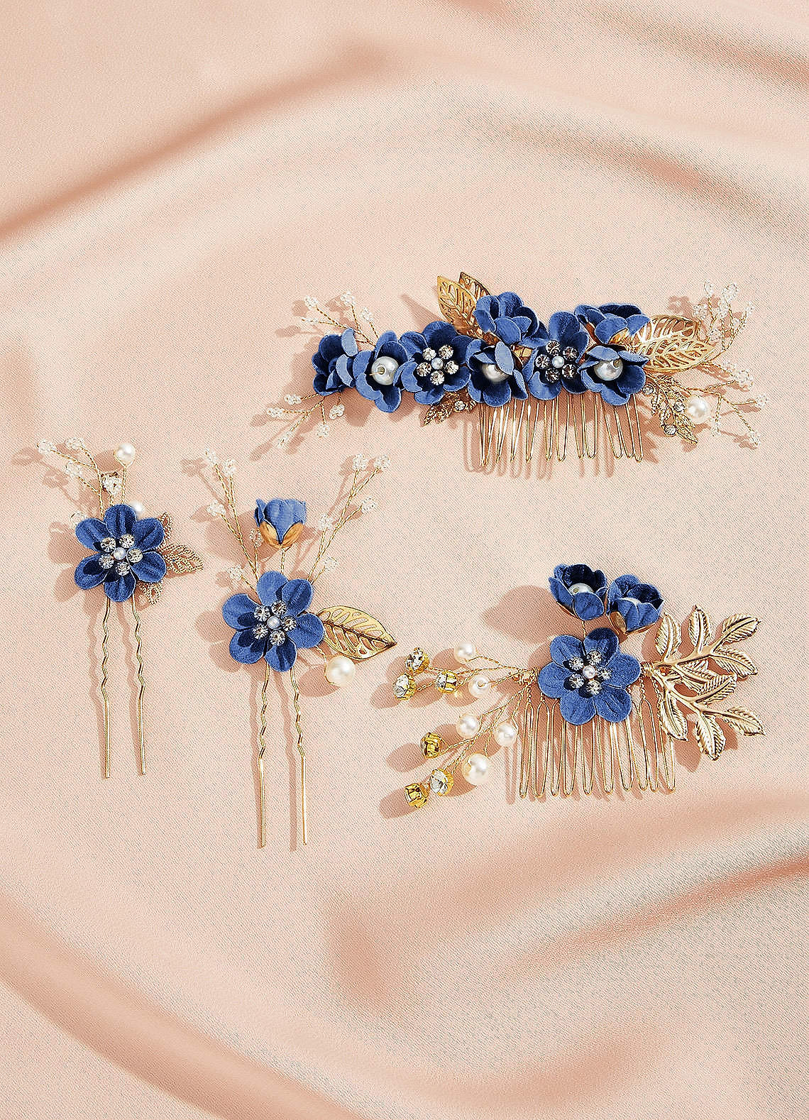 front Blue Floral Hair Comb Set