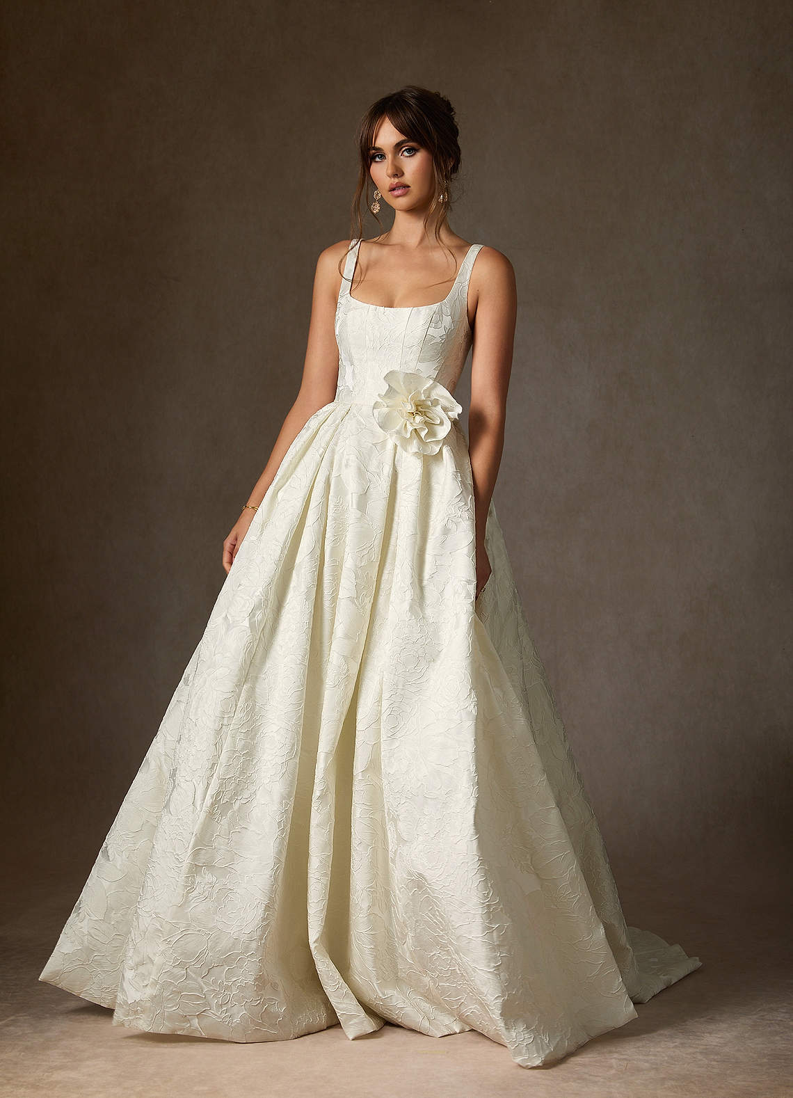 Azazie Ruby Wedding Dresses Antique White Ball-Gown with Pockets Floral Jacquard Dress image4