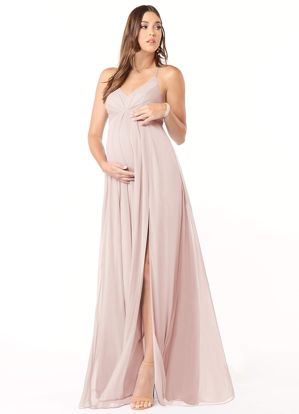 Azazie Annabelle Maternity Bridesmaid Dresses A-Line V-Neck Pleated Mesh Floor-Length Dress image1