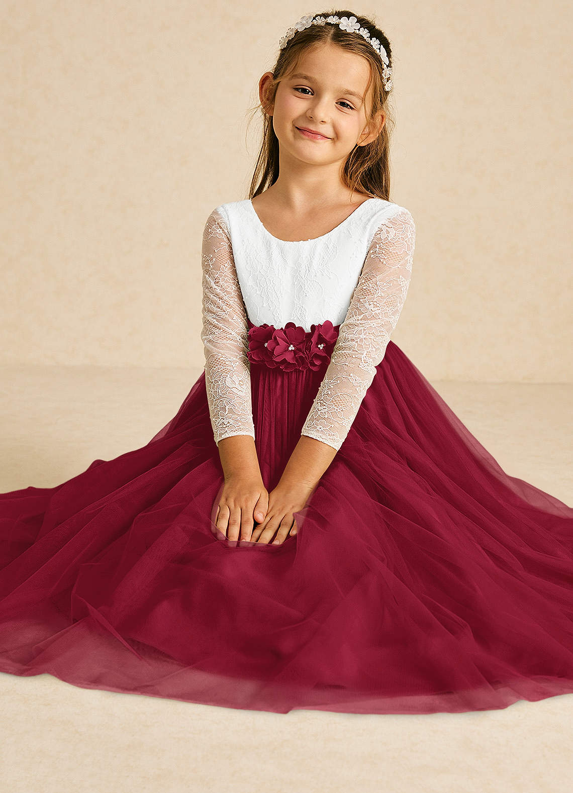 Azazie Mae vestidos de niña de las flores Vestido de Marfil Burdeos de Tul de Corte En A con Lazo image1