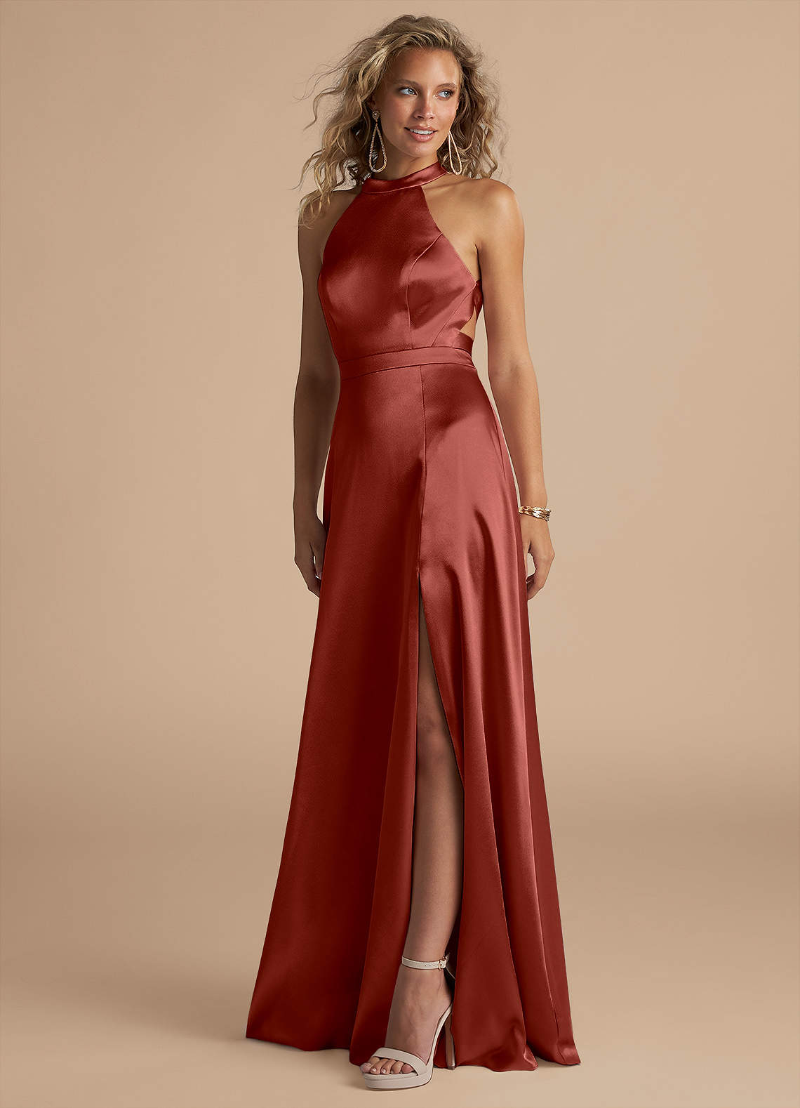 Azazie Clarice Bridesmaid Dresses Terracotta A-Line High Neck Metallic Satin Dress image1