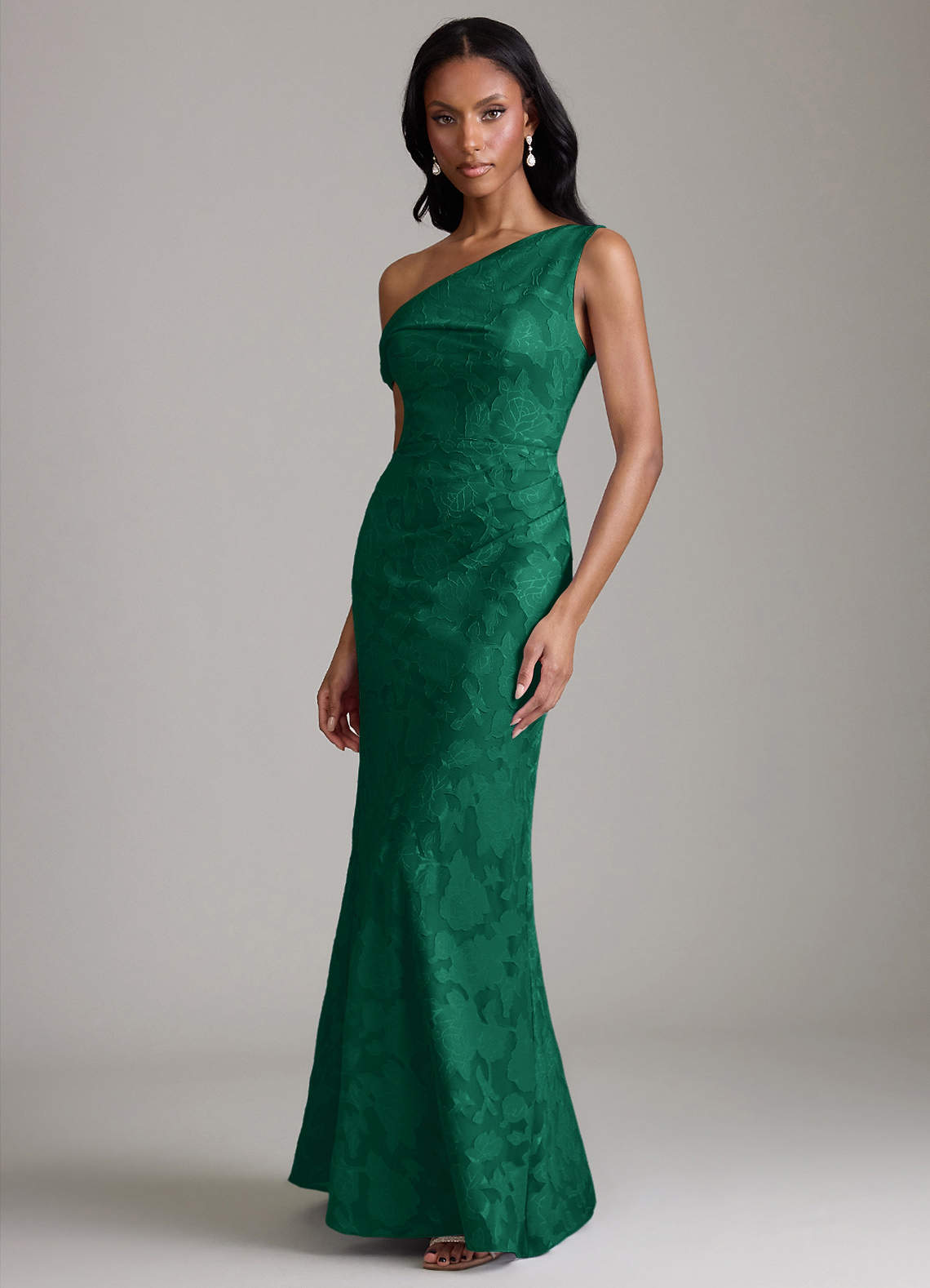 Azazie Emerson Bridesmaid Dresses Emerald Mermaid Off the Shoulder Floral Burnout Dress image4