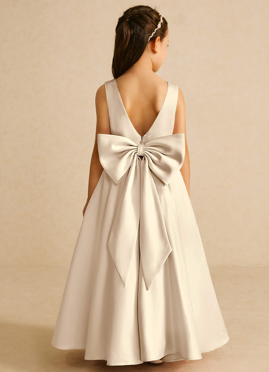 Azazie Pipsy Flower Girl Dresses Champagne A-Line Bow Matte Satin Dress image1