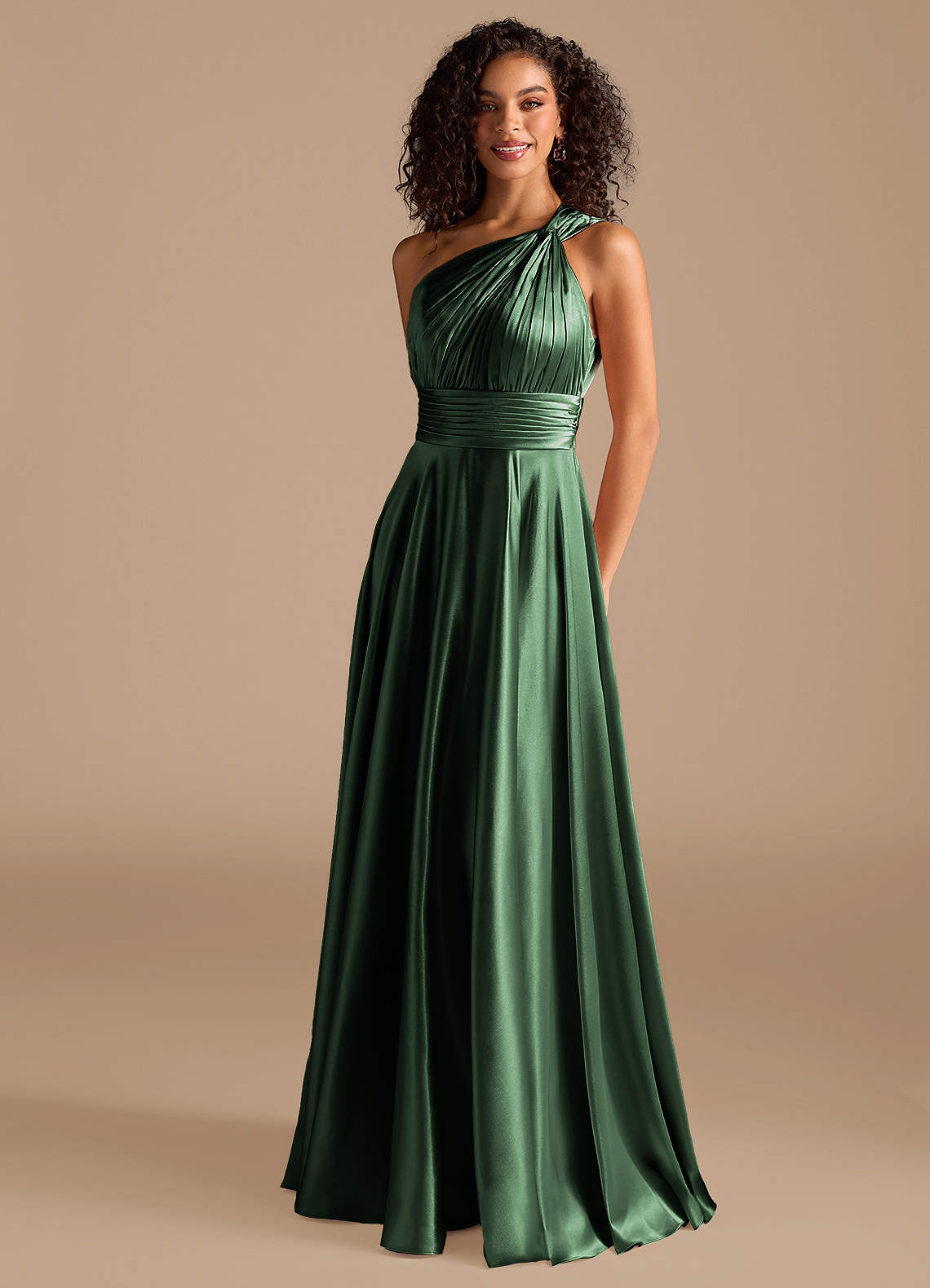 Azazie Charlize Bridesmaid Dresses Eucalyptus A-Line One Shoulder Metallic Satin Dress image1