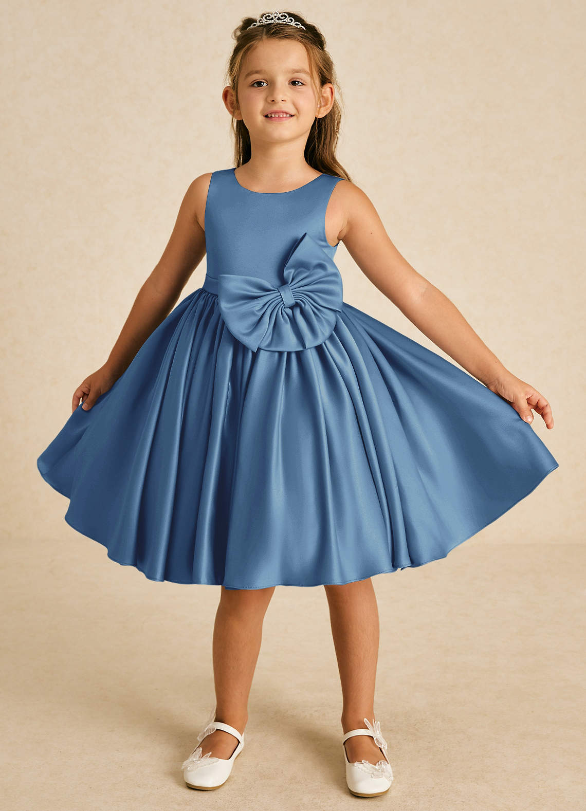 Azazie A Line Scoop Knee Length Matte Satin Flower Girl Dresses Steel Blue