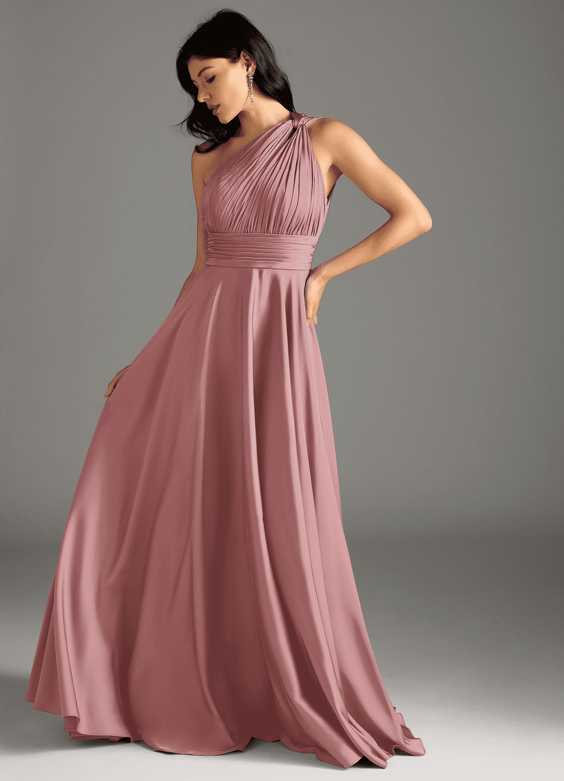 Azazie Charlize Bridesmaid Dresses Dusty Rose A-Line One Shoulder Stretch Satin Dress image4