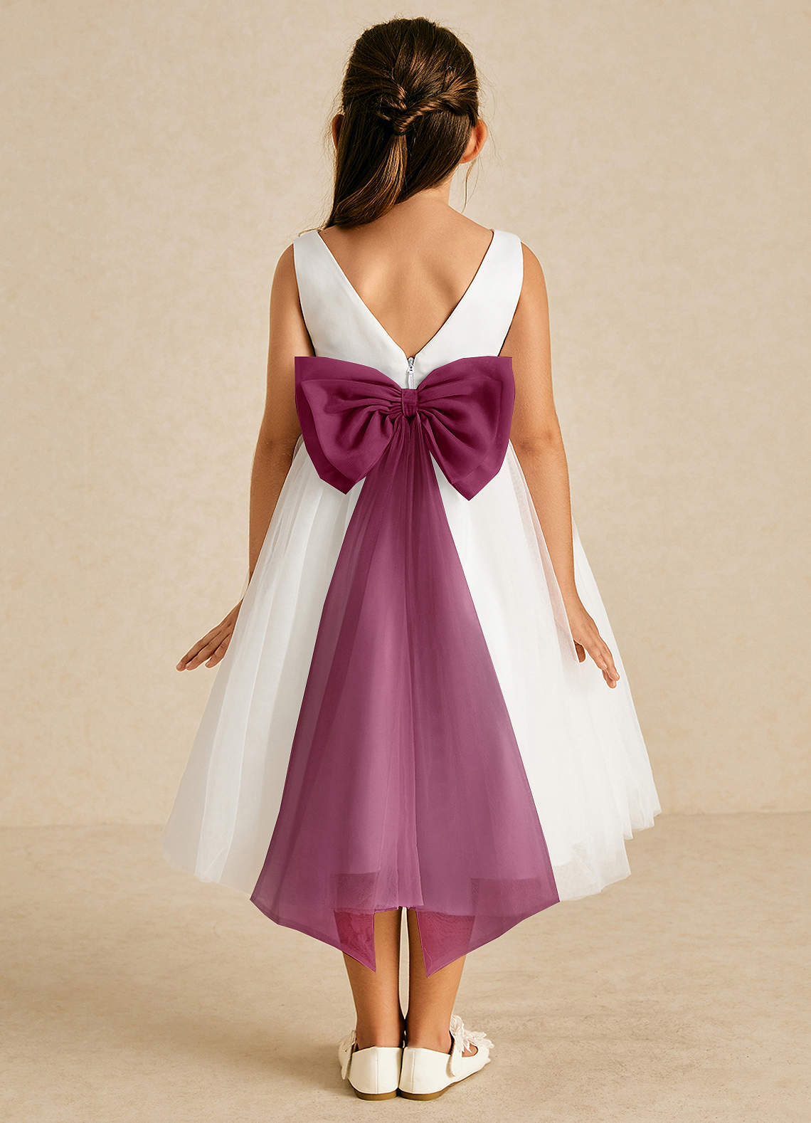 Azazie Kavi Flower Girl Dresses Ivory Mulberry A-Line Bow Matte Satin Dress image1