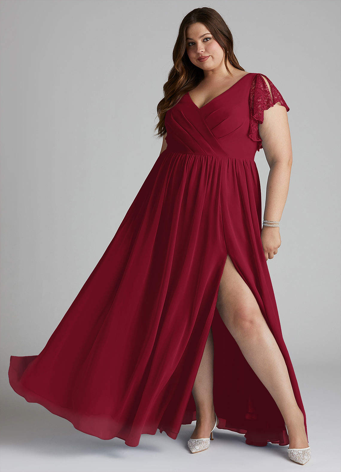 Azazie Zella Bridesmaid Dresses Burgundy A-Line Lace Chiffon Dress image1