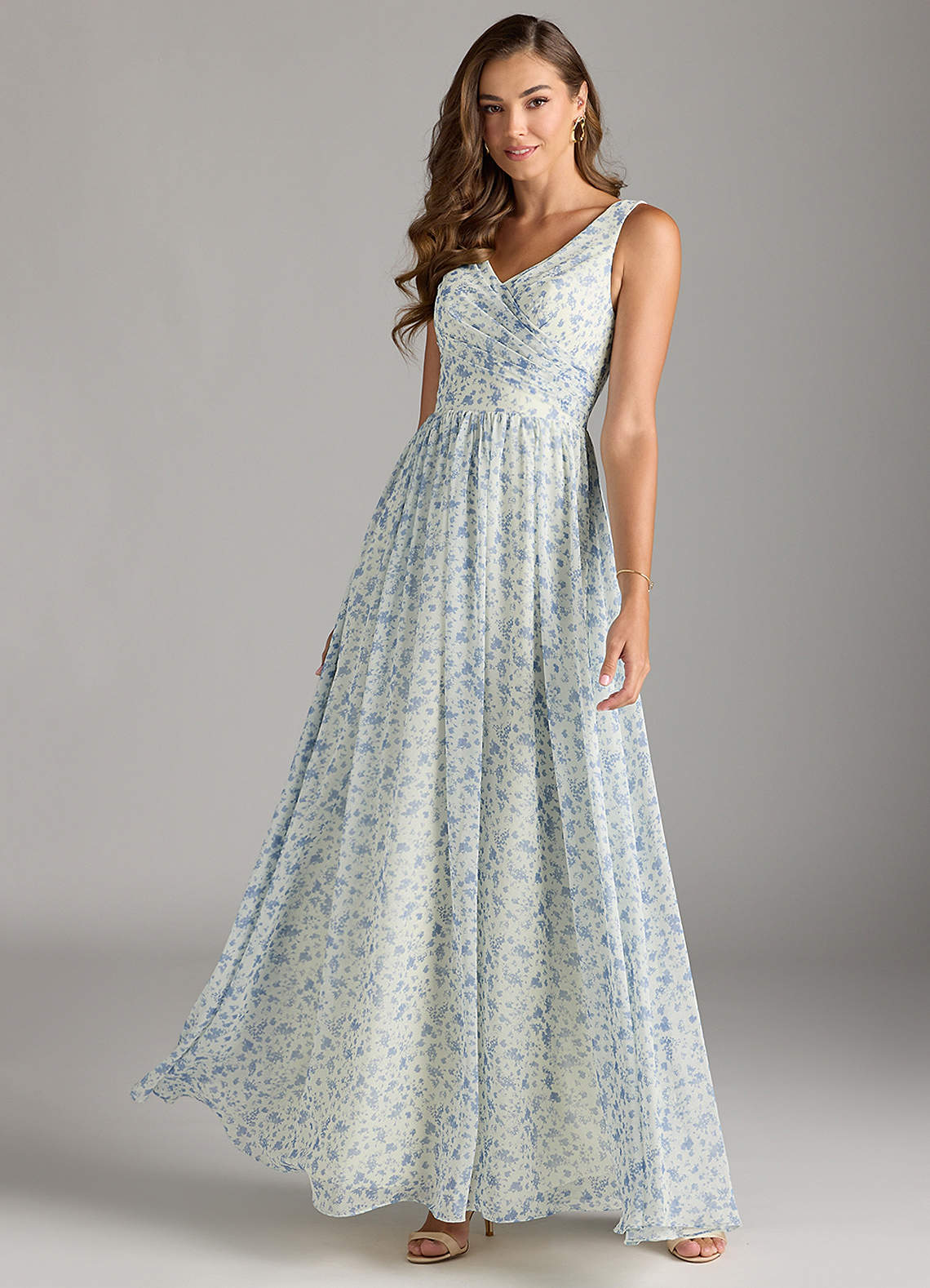 Azazie Keyla Bridesmaid Dresses Blue And White Ditsy Floral A-Line V-Neck Pleated Chiffon Dress image1