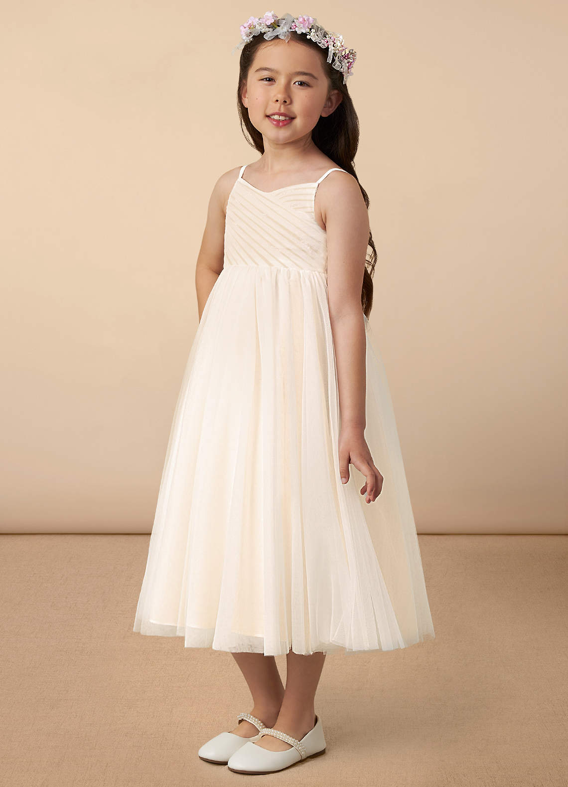 Azazie Amya Flower Girl Dresses Diamond White Champagne A-Line Pleated Tulle Dress image1