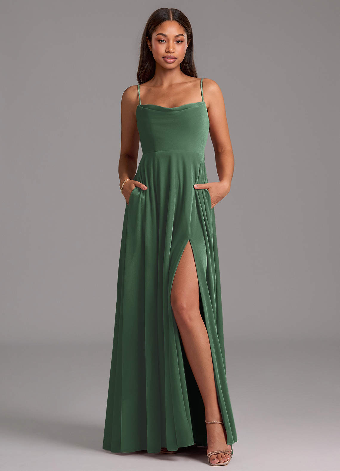 Azazie Elle Bridesmaid Dresses Eucalyptus A-Line with Pockets Velvet Dress image1