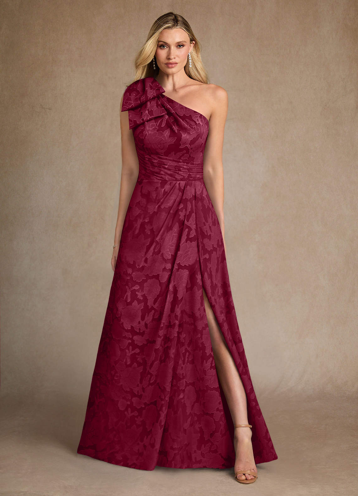 Azazie Easton Mother of the Bride Dresses Burgundy Ball-Gown One Shoulder Floral Burnout Dress image1