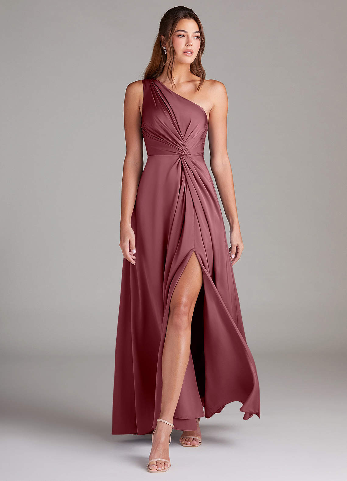 Azazie Brooke Abiti da Damigella Abito A-Line in Raso Elasticizzato Monospalla Rosa Del Deserto image3