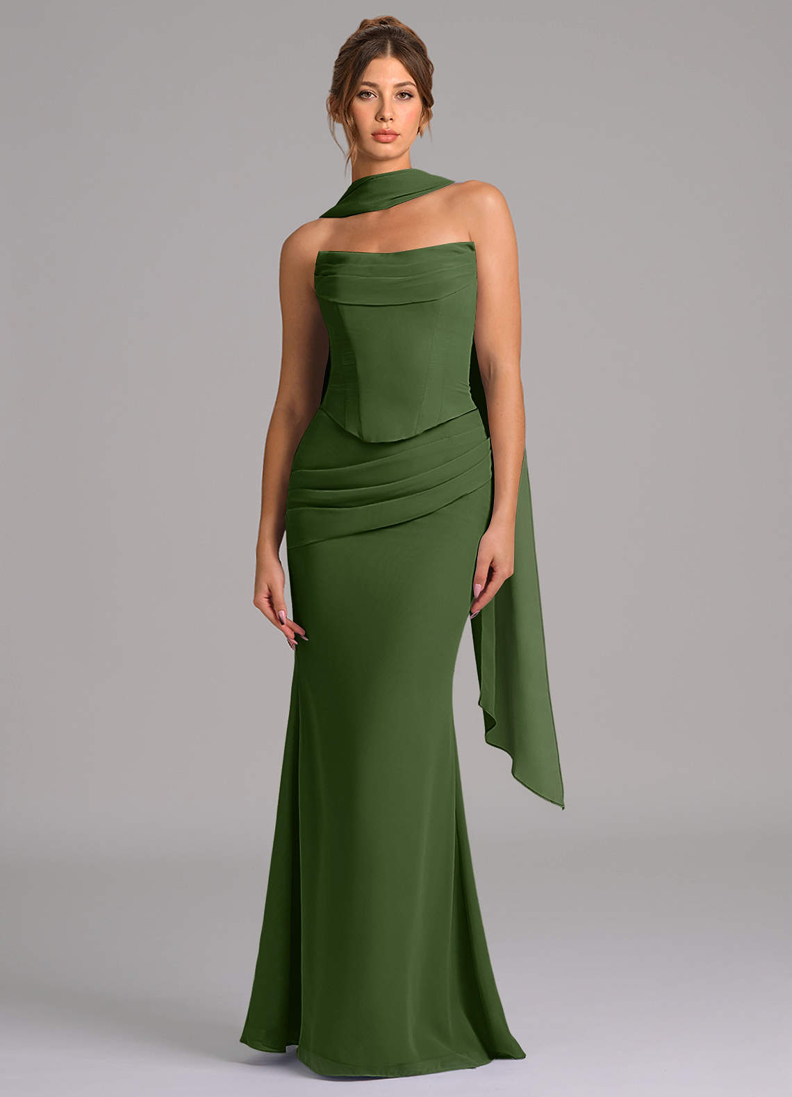 Azazie Sorrel Vestidos de madrinha de casamento Vestido Oliva de Chiffon de sereia com Espartilho image3