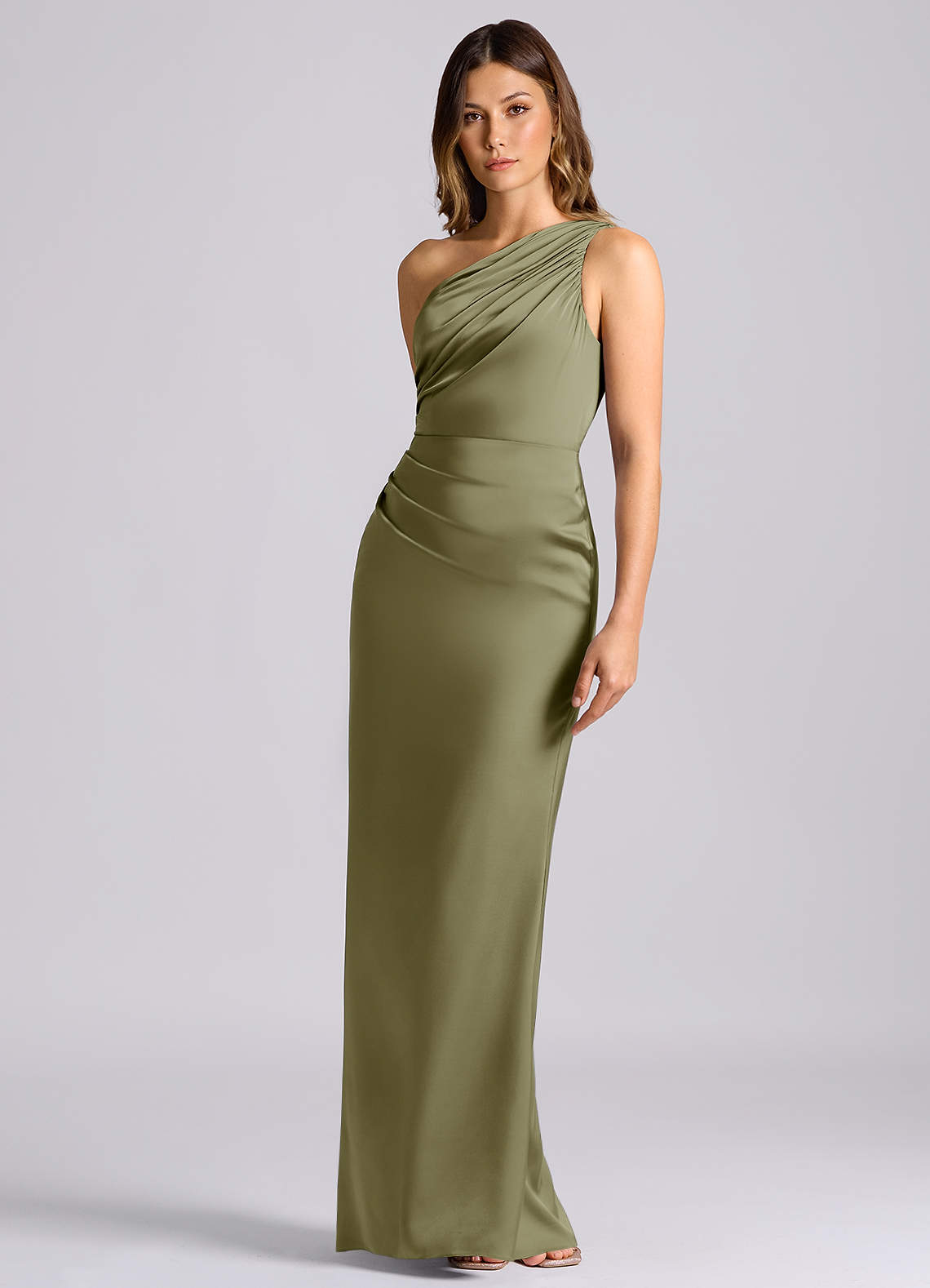 Azazie Akilah Jurken voor bruidsmeisjes Jurk van Stretch Satijn met Zeemeermin One-Shoulder Pistache image5