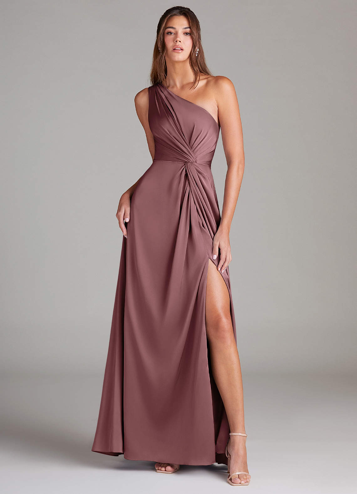 Azazie A Line One Shoulder Floor Length Stretch Satin Bridesmaid Dresses Vintage Mauve