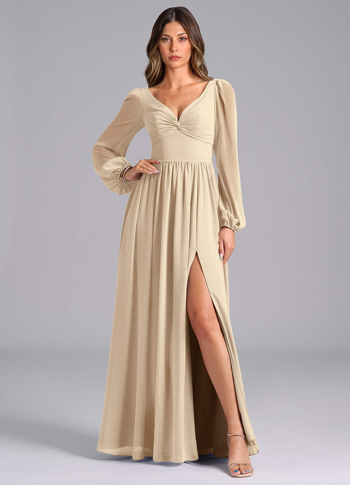 long sleeve bridesmaid dresses champagne Nude champagne Country Wedding Dresses Long sleeve V-Neck Bridal Gowns Robe  de Soriee Chic Bohemian Noivas DW236 main image 0