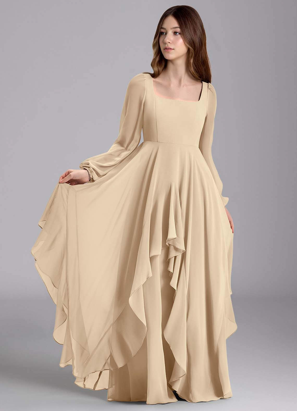 Azazie Clara Junior Jurk van Chiffon met A-Lijn Blouson Champagne image1