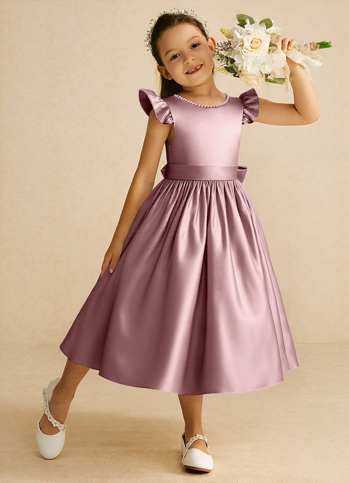 Azazie Dumpling Flower Girl Dresses Dusty Rose A-Line Bow Matte Satin Dress image2