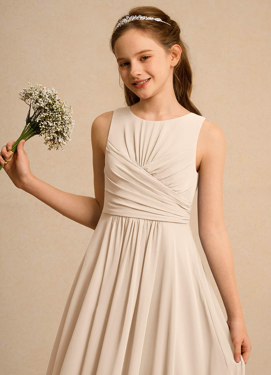 Azazie Ducky Girls Formal Flower Girl Dresses White Alabaster A-Line Pleated Chiffon Dress image2