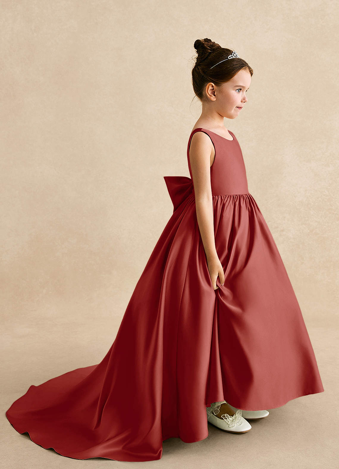 Azazie Mimia Flower Girl Dresses Terracotta A-Line Bow Matte Satin Dress image1