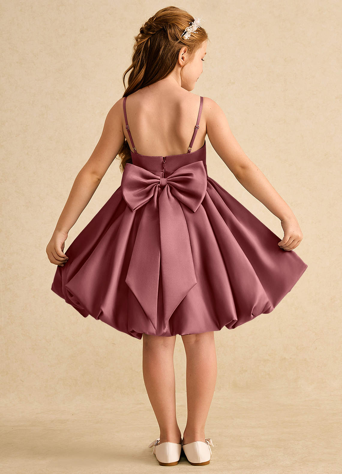 Azazie Davine vestidos de niña de las flores Vestido de Amatista de Satin Mate de Corte En A con Tirante Espagueti image1