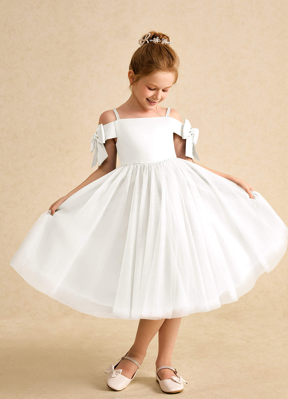 Azazie Amie Flower Girl Dresses Ivory A-Line Off the Shoulder Matte Satin Dress image1