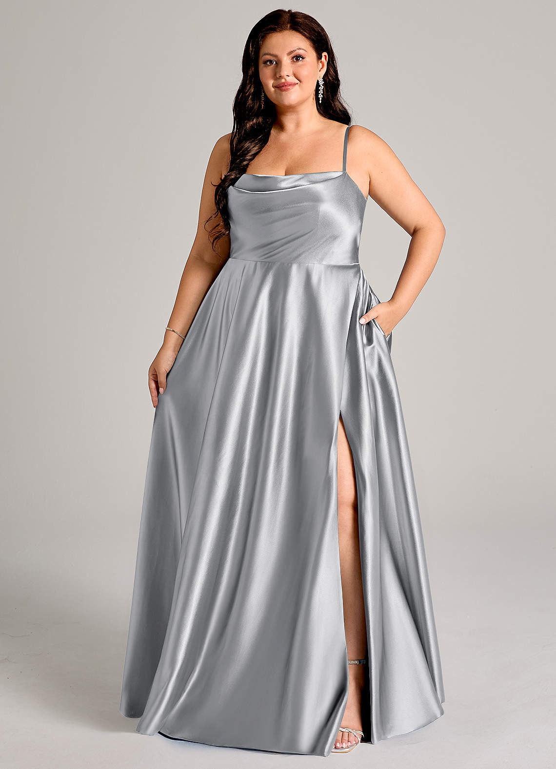 Azazie Elle Bridesmaid Dresses Silver A-Line with Pockets Metallic Satin Dress image1