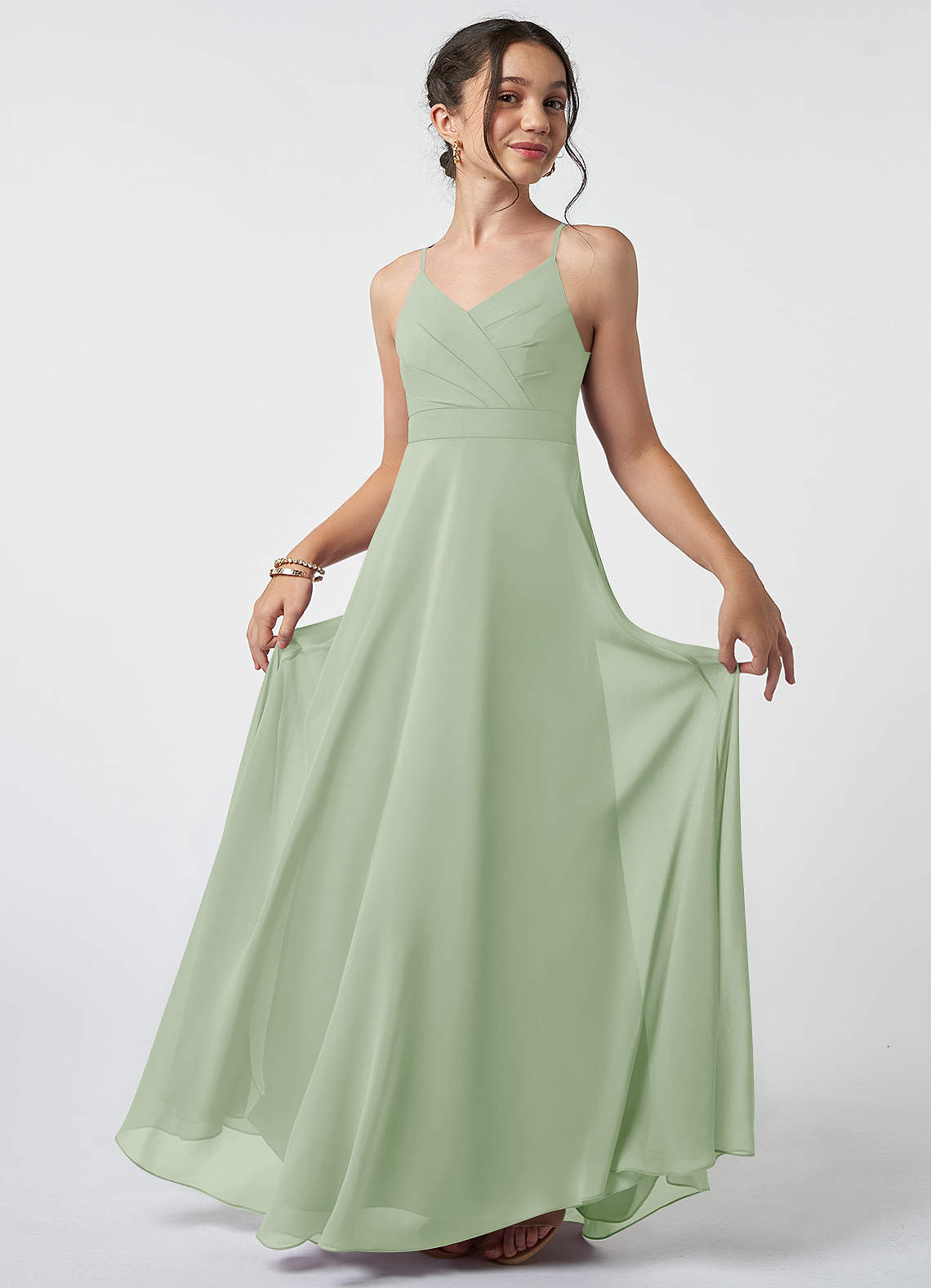 Azazie Avelina Junior Dusty Sage A-Line Pleated Chiffon Dress image1