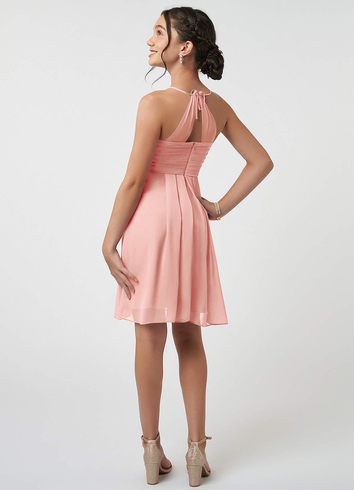 Azazie Ginny Junior Agave A-Line Pleated Chiffon Dress image3