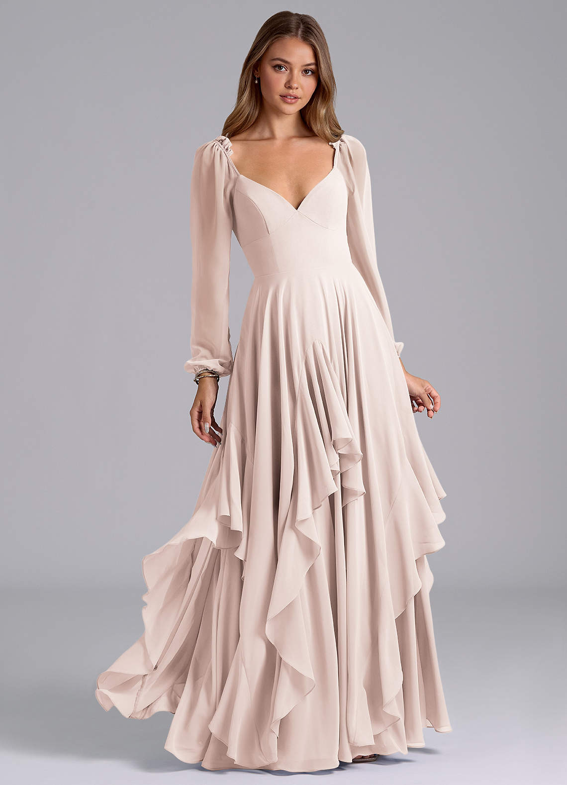 Azazie Karan Bridesmaid Dresses Rose Petal A-Line Long Sleeve Chiffon Dress image1